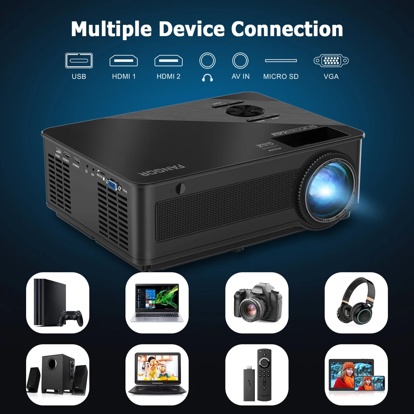 FANGOR 4K Smart Projector – 26,000LM, WiFi, Dolby Audio, USB/HDMI, Roku Compatible