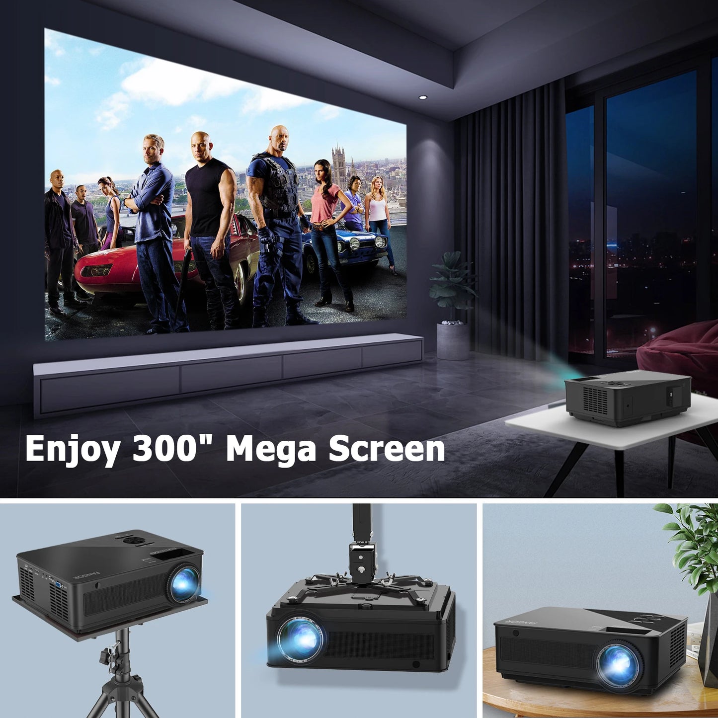 FANGOR 4K Smart Projector – 26,000LM, WiFi, Dolby Audio, USB/HDMI, Roku Compatible