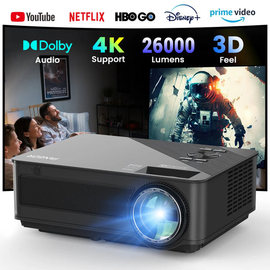 FANGOR 4K Smart Projector – 26,000LM, WiFi, Dolby Audio, USB/HDMI, Roku Compatible